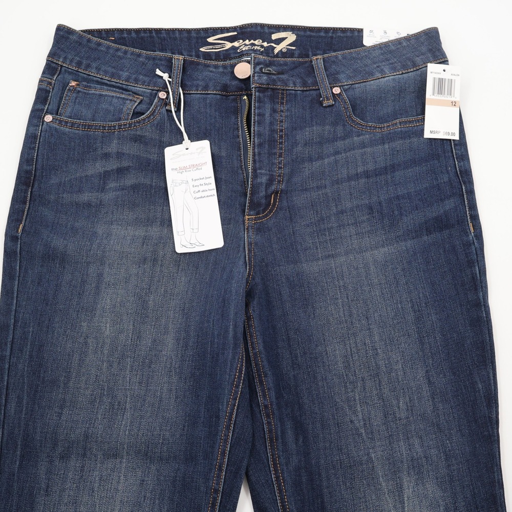 Seven7 Slim Straight Jeans Womens 12 Dark Wash High Rise Cuffed MY1430AV NWT